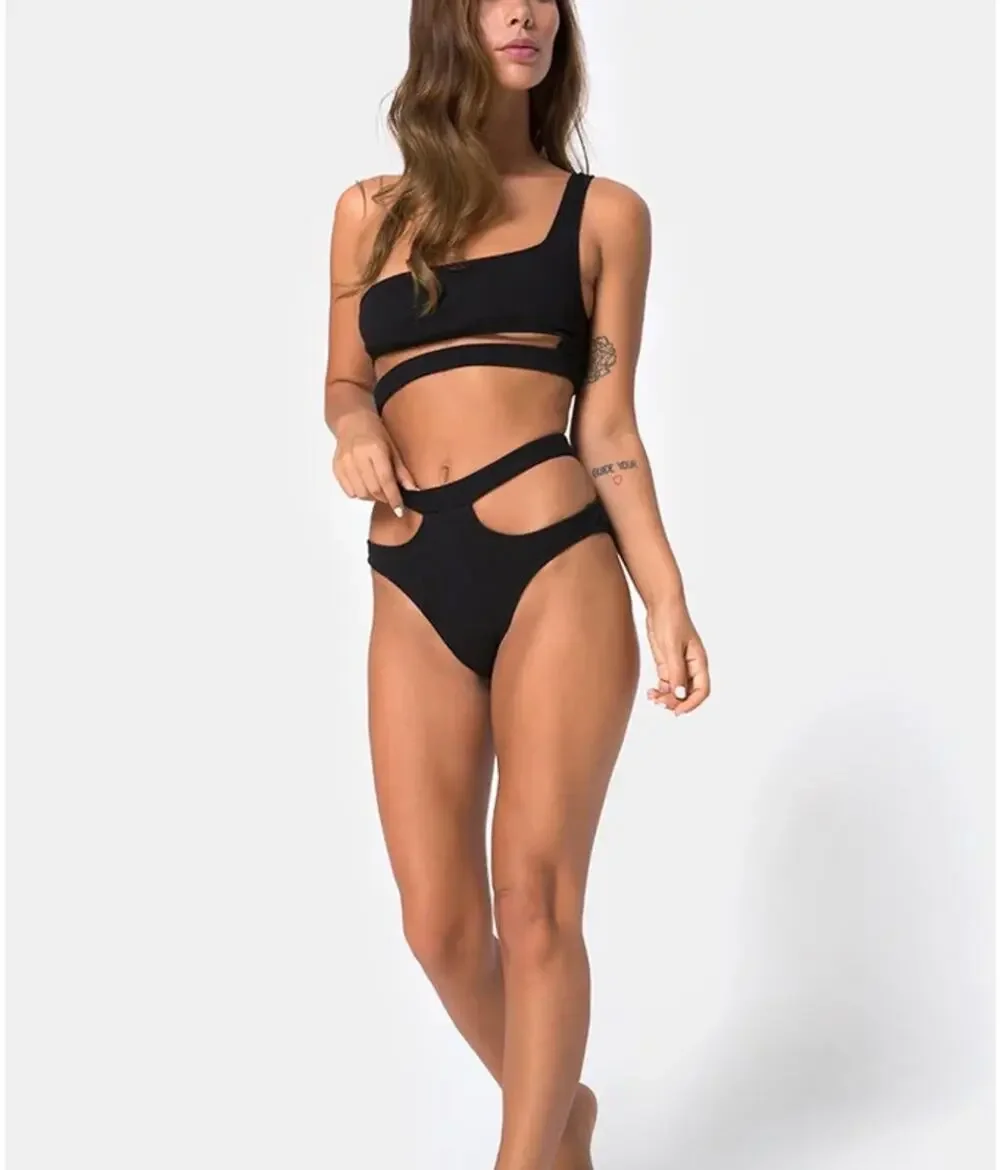 $75 NWT Motel Drelins Bikini Top & bottoms In Black Rib sz XS